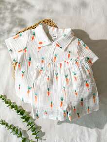 SHEIN Vintaside Kids Baby Boy Carrot Print Short Sleeve Button-Down Shirt And Shorts Set - Orange - View 4