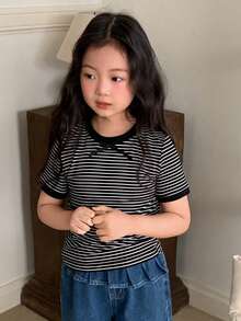 DAZY 女童圆领条纹短袖休闲T恤，秋季款 - 黑與白 - 查看 2