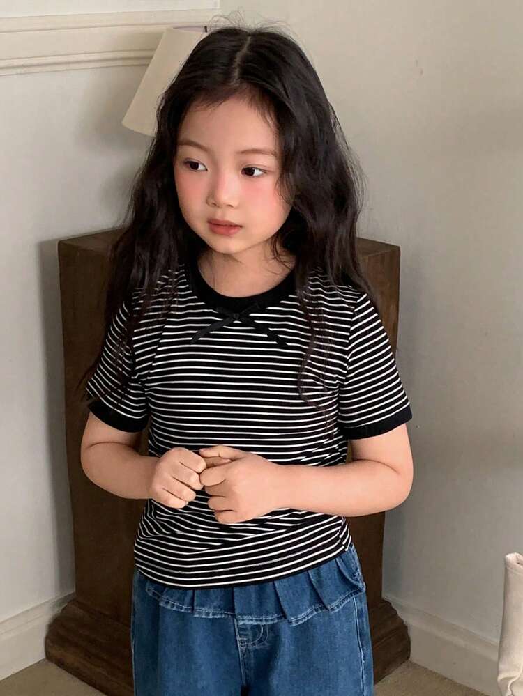 Young Girls Round Neck Striped Short Sleeve Casual T-Shirt, Fall
