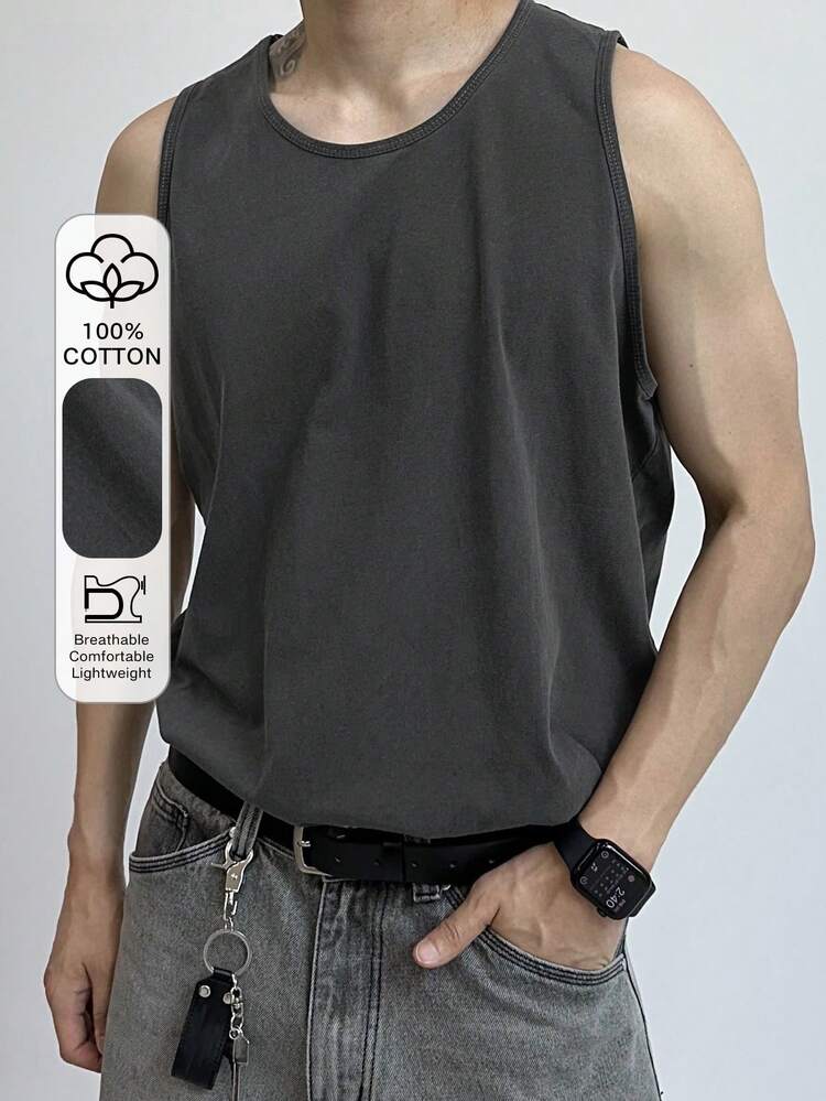 Men's Solid Color Loose Fit Crew Neck Tank Top, Summer