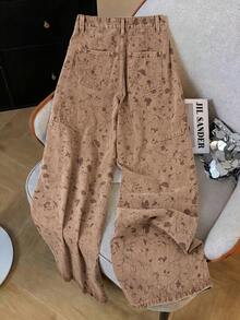 Quần jeans nữ ống rộng dáng suông in hoa, có túi, kiểu dáng thường ngày. - Màu Khaki - Xem 2