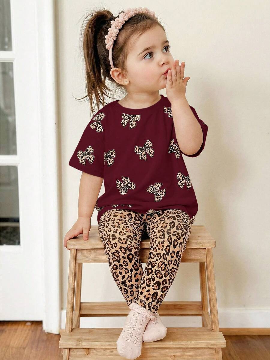 Baby Girl Casual Minimalist Round Neck Loose Short Sleeve T-Shirt And Leggings Set, Suitable For Spring/Summer - White - View 1