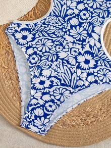 Swim SPRTY Women's Summer Beach Vacation Random Print Sexy Backless One-Piece Sports Swimsuit - Blue and White - View 5