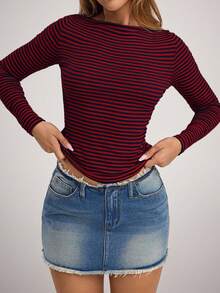 SHEIN Forever 21 Áo thun dài tay in họa tiết sọc thường ngày dành cho nữ - Đỏ - Xem 5