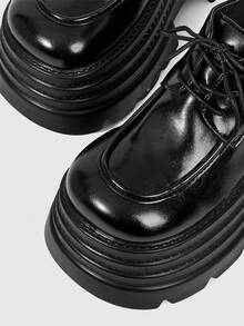 ROMWE Goth 2026新款春秋朋克风女士高跟凉鞋，深色PU圆头厚底系带鞋，女士穿着不累脚，适合身材娇小的女生增高，英伦风小皮鞋 - 黑色 - 查看 3