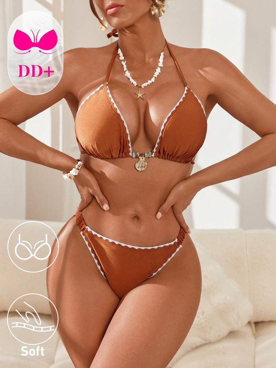 Swim DD+ Bộ bikini gợi cảm buộc dây cổ, thêu hình vỏ sò, thích hợp cho nữ mùa hè đi biển. - màu nâu - Xem 1