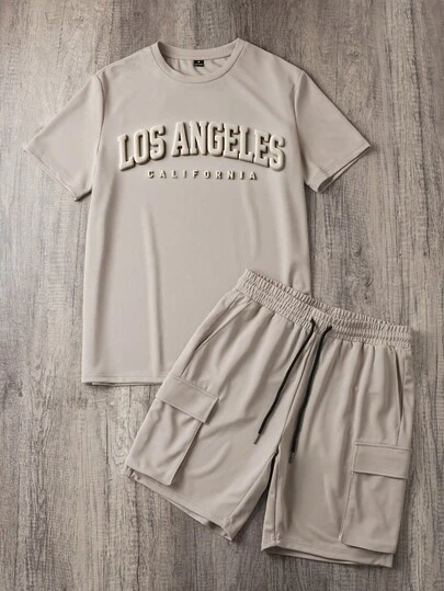 Manfinity Joysei Bộ 2 món gồm áo thun dệt kim và quần short kaki nam cỡ tiêu chuẩn, thiết kế đồ họa 3D Los Angeles, phù hợp cho hoạt động ngoài trời, thể thao và mặc thường ngày.