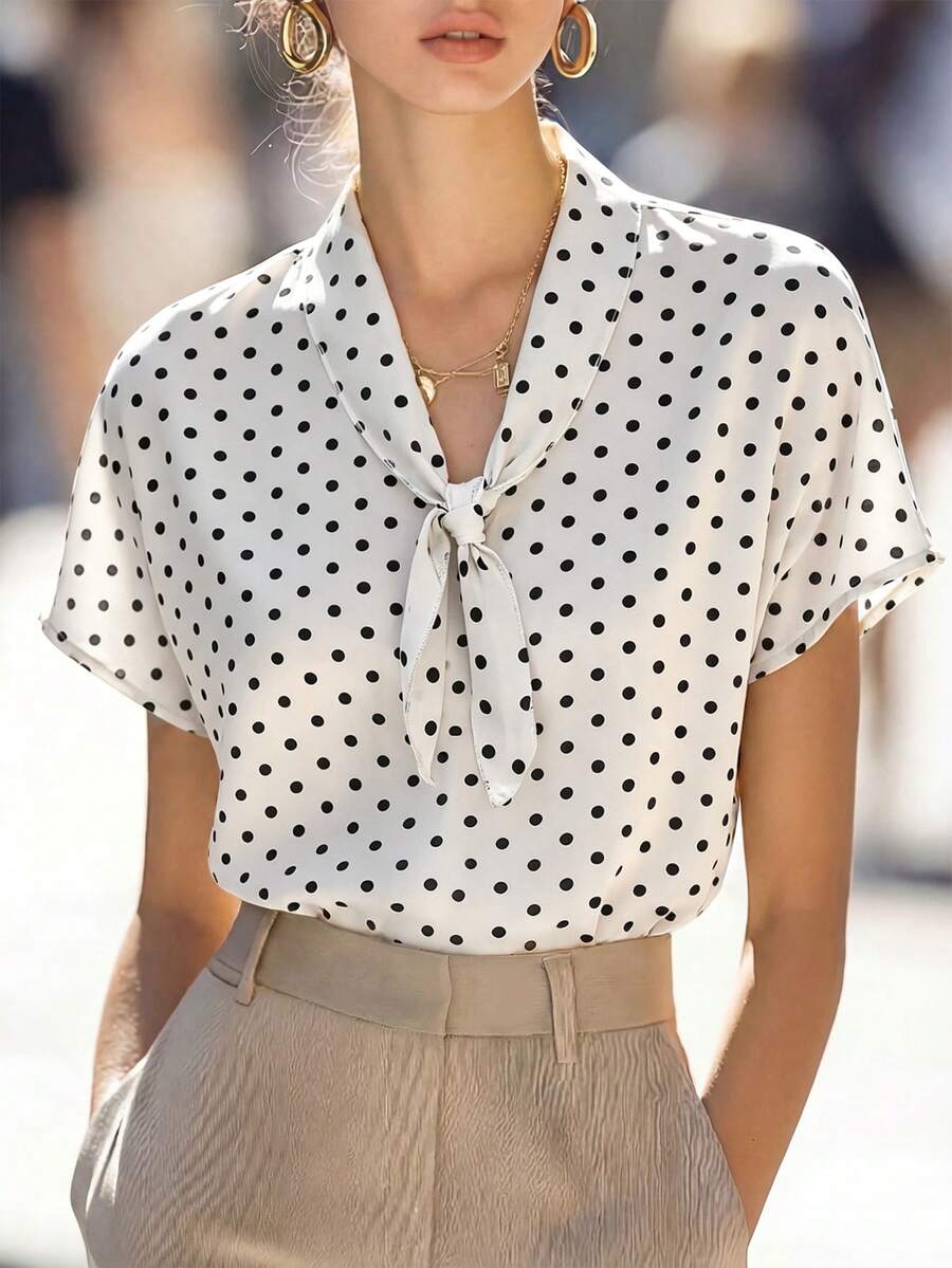 SHEIN Franclia Women's Polka Dot Shirt With Bow Tie Collar Design, Spring/Summer - White - View 1