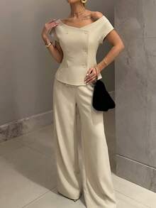 Firerie Bộ đồ nữ thanh lịch tối giản, thích hợp cho công sở, gồm áo sơ mi ngắn tay hai hàng cúc trễ vai và quần ống rộng cạp cao, màu mơ, thích hợp cho mùa xuân/hè. - Màu be - Xem 4