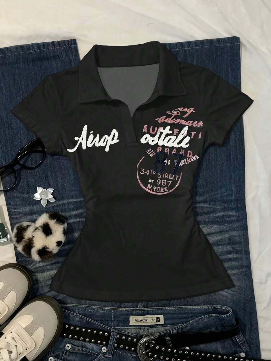 SHEIN 女士极简印花 Polo 领短袖 T 恤 - 黑色 - 查看 1