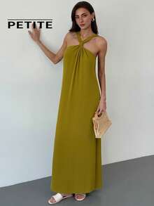 SHEIN Aloruh Petite 娇小女款春夏新款度假风露背A字超长绿色连衣裙 - 綠色 - 查看 3