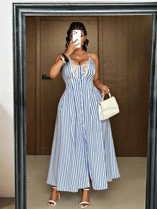 Maweii Große Größen erfrischend blaues & weißes gestreiftes Spitzen-Patchwork minimalistisches Pendler-Französischer Stil Urlaubs-Mehrzweck-Kleid - Blau-Weiß - Übersicht 2