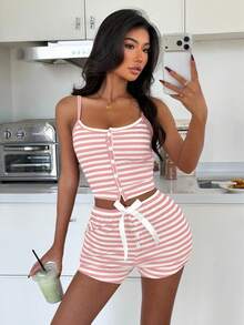 ZzzCrew Set Piyama Camisole & Celana Pendek Motif Garis Seksi dengan Hiasan Kancing - MultiWarna - View 4