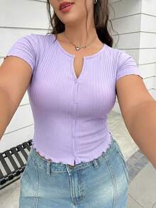 SHEIN EZwear 紫丁香色V领短袖纯色T恤，加大码 - 紫丁香色 - 查看 1
