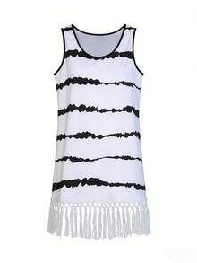 SHEIN Swim Lushore Women's Summer Striped Print Tassel Hem Sleeveless Coverup Dress,Elegant Dresses, Easter Dresses, Casual Dresses, Vacation Dresses, Country-Style Dresses, Holiday Dresses, White Dresses, Summer Beachwear, Party Outfits, Music Festival Outfits, Street Style - White - View 7