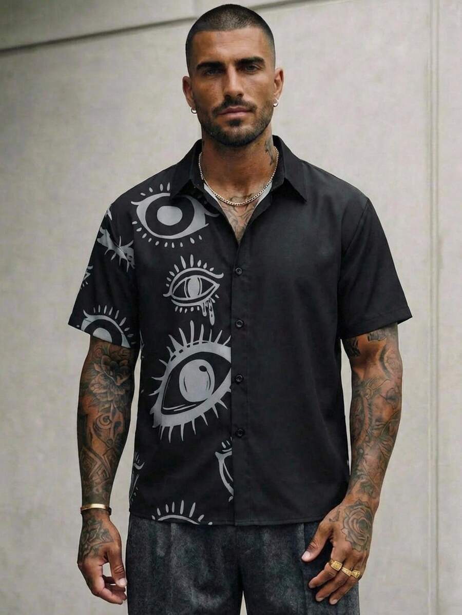 GENTILAND Men's Casual Eye Print Button Front Short Sleeve Shirt, Summer Graphic Shirt Men Streetwear Shirt Eye Print Shirt Designer Shirts Short Sleeve Button Up - Multicolor - View 1