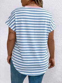 Striped V-Neck Casual Short-Sleeved T-Shirt, Plus Size Women's T-Shirt, Summer Style - Multicolor - View 2