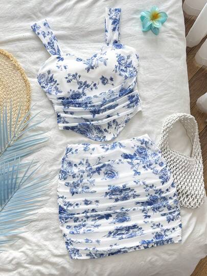 SHEIN Tween Girl Casual Floral Print Asymmetrical Hem Tank Top And Skirt Set, Comfortable And Minimalist Two Piece Summer Sets Spring Two Piece Outfits Floral Print Two Piece Ruched Two Piece Set Summer Holiday Outfits 2 Piece Set