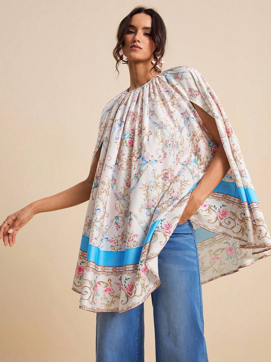 LOTSLUV Áo kiểu nữ mùa xuân/hè màu hồng in họa tiết Baroque, cổ tròn, tay cánh dơi, dáng rộng. - Hồng - Xem 1