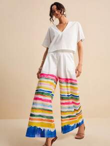 LOTSLUV Women's V-Neck Short Sleeve White T-Shirt And Blue White Striped Wide Leg Pants 2-Piece Set, Chic Summer Vacation Casual Loose Colorful Outfit Coords - Multicolor - View 3