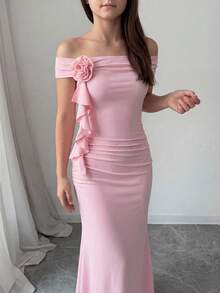 Strapless Slit Snug Fit Skirt, Fashionable & Sexy, Fitted Design, High Waist Slit, Suitable For Party - Pink - View 3