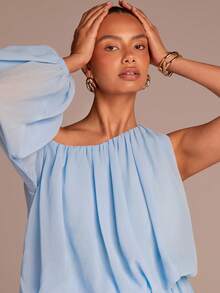 COSMINA Women's Elegant Asymmetrical Neck Ruched Jumpsuit, Versatile Wide-Leg Loose Extra-Long Style For Spring, Summer, Autumn, Winter, Commute, Date, Spring Outing, Garden, Beach Vacation - Blue - View 5