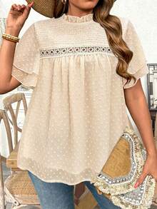 Ceyna Plus Size Ruffle Collar Short Sleeve Blouse, Spring/Summer Ruffle Neck Blouse Blouse For Women Blouse For Women Summer Short Sleeve Top - Apricot - View 5