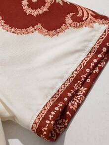 GlowEve 女士优雅时尚V领短袖收腰印花长连衣裙，适合日常通勤和休闲穿着 - 紅木色 - 查看 5