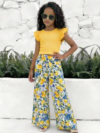 Sparklyn 2pcs/Set Tween GirlsKnitted Textured Round Neck Puff Sleeve Top And Printed Straight Leg Pants Set, Casual Vacation Style, Suitable For Spring/Summer Daily Wear And Vacation