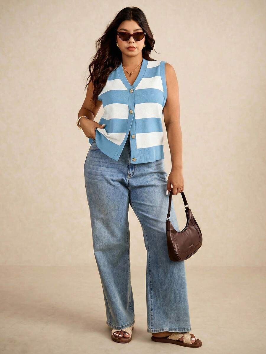 Elaquor Plus Size Sleeveless Knitted Sweater Vest, Fashionable For Summer,Business Casual Woman In Fall/Winter - Blue - View 1