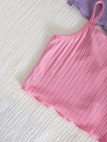 SHEIN 8pcs Young Girl Knitted Solid Striped Casual Camisole And Shorts Set - Multicolor - View 6