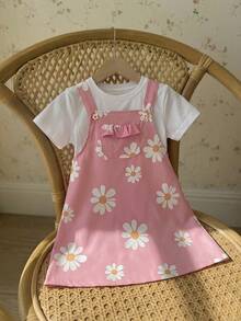SHEIN 2 chiếc áo liền thân tay ngắn xếp bèo dễ thương in hoa cho bé gái/bé sơ sinh - Hồng - Xem 8