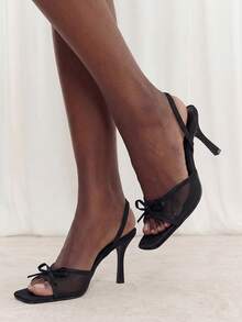 黑色夏季新款方头网眼蝴蝶结露趾高跟凉鞋，百搭简约细高跟后带女式礼服高跟鞋 - 黑色 - 查看 2