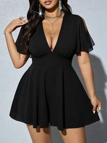 Viva Relle Plus Size Solid Color Deep V-Neck Fashionable Sexy Short Sleeve Jumpsuit - Black - View 1