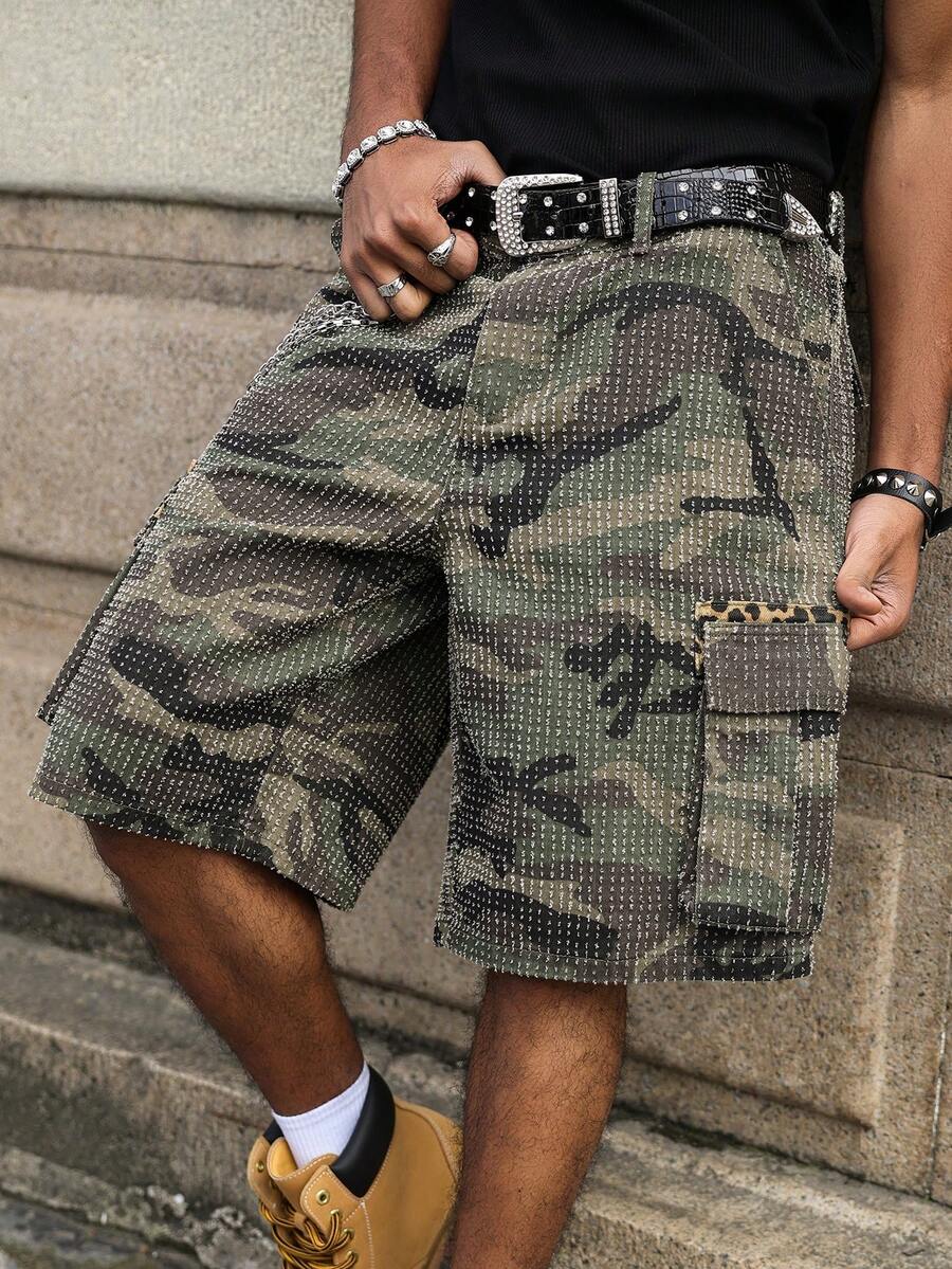 Manfinity EMRG Quần short denim cargo nam kiểu dáng casual, nhiều túi, họa tiết rằn ri, chất liệu móc len, phong cách đường phố. - xanh quân đội - Xem 1