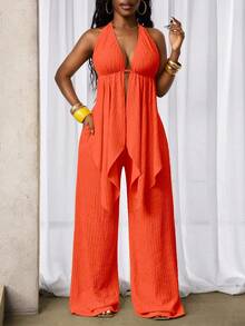 SHEIN BamGlam Bộ đồ hai mảnh quần short vải dệt họa tiết dây đeo cổ gợi cảm và thời trang mới - trái cam - Xem 5