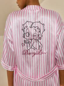 Betty Boop x SHEIN Women's Striped Cartoon Pattern Casual Loungewear Robe - Pink - View 4