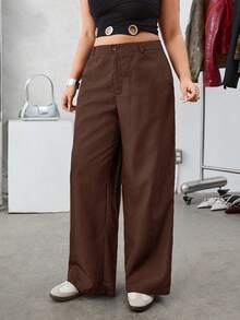SHEIN EZwear 大码纯色斜插口袋休闲基础款西装裤，棕色，高腰夏季长裤 - 咖啡棕 - 查看 4