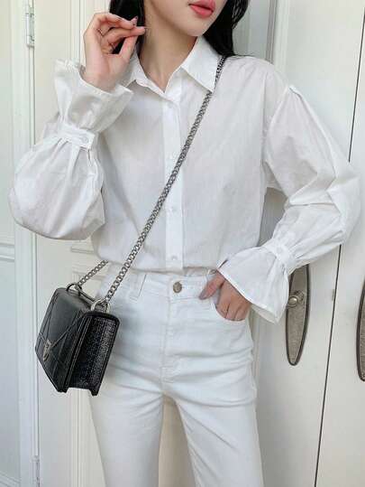 DAZY Áo kiểu nữ màu trơn tay dài vai rớt dáng rộng thoải mái, đa năng