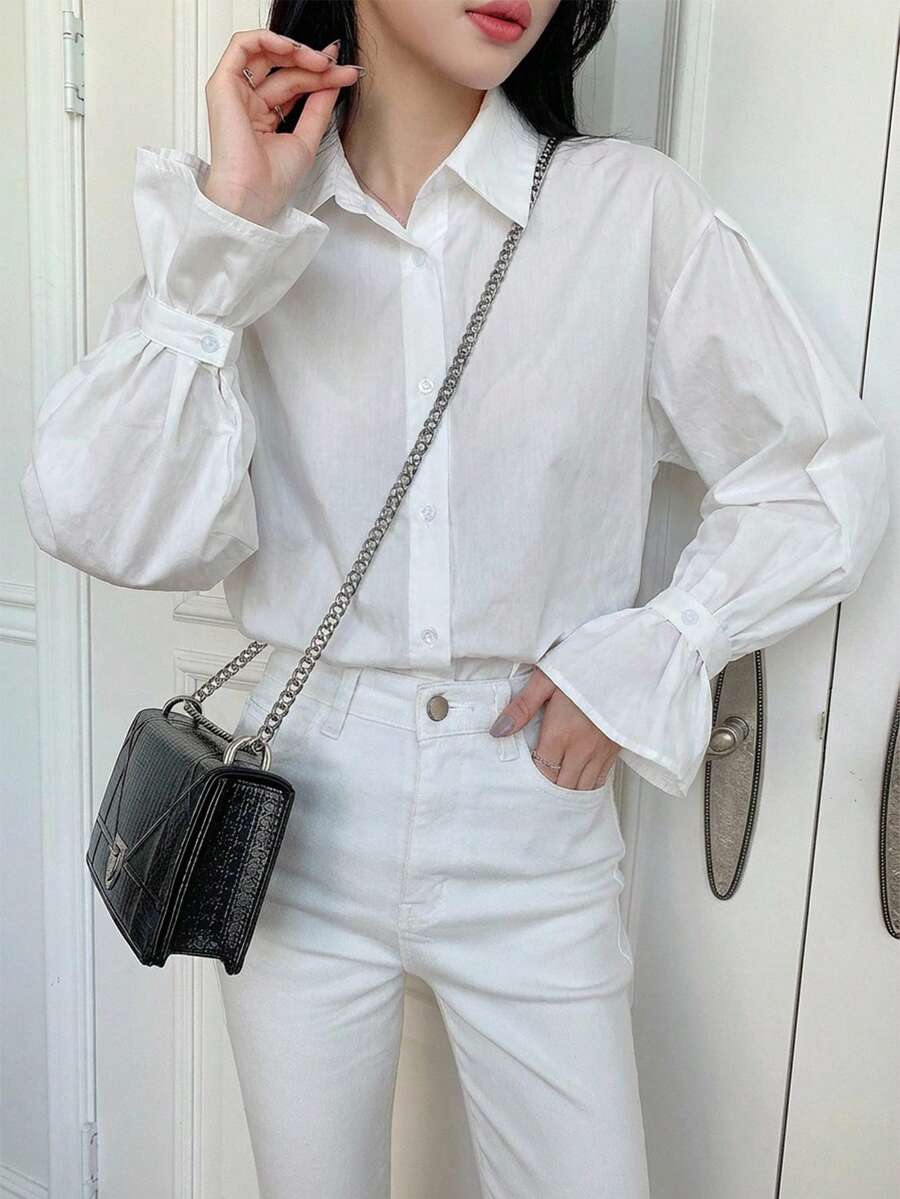 DAZY Women's Solid Color Drop Shoulder Long Sleeve Loose Casual Versatile Blouse - White - View 1