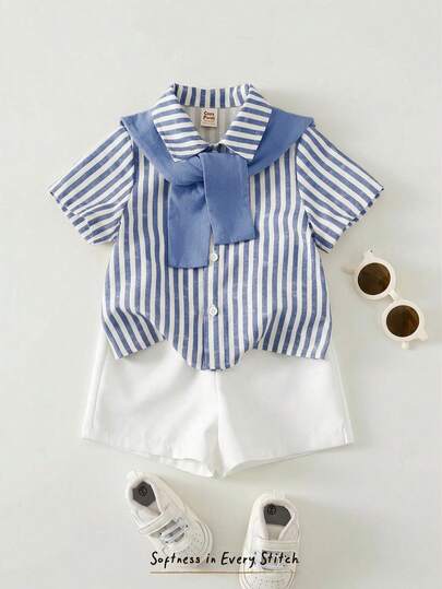 Cozy Pixies 3pcs Baby Boy Set: Solid Color Shawl Collar Striped Short Sleeve Cardigan Shirt And Elastic Waist Shorts