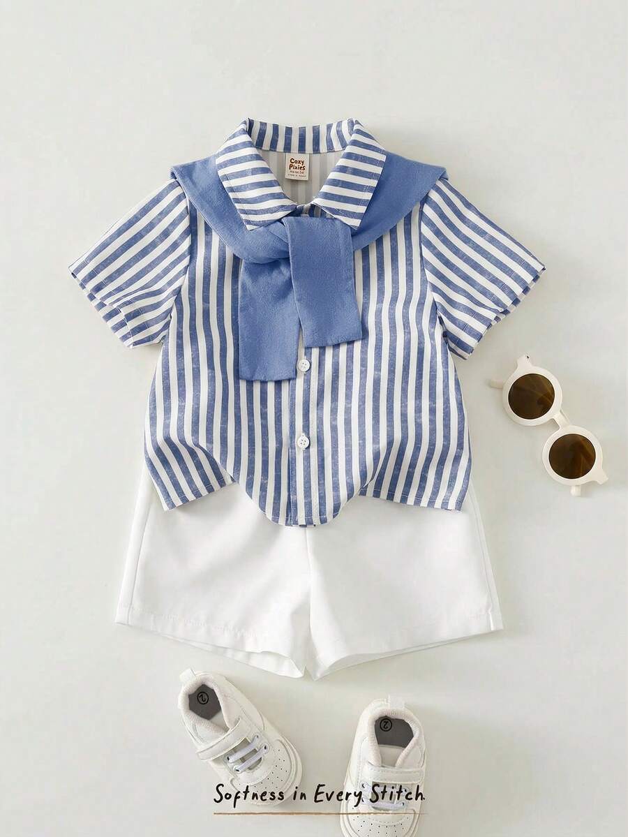 Cozy Pixies 3pcs Baby Boy Set: Solid Color Shawl Collar Striped Short Sleeve Cardigan Shirt And Elastic Waist Shorts - Blue - View 1