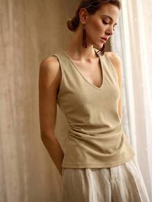 MOTF PREMIUM V-NECK SOLID RUCHED TANK TOP, MINIMALIST CLASSIC, RETRO STYLE, SPRING/SUMMER - Mustard Yellow - View 4