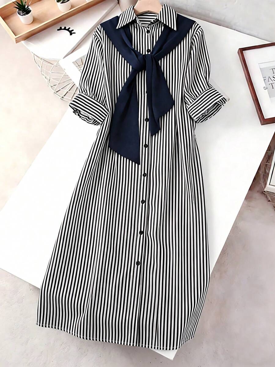 SHEIN Franclia 女士时尚新款蓝白竖条纹长袖衬衫裙,拼接二合一纽扣设计,宽松韩版休闲通勤百搭日常法式长裙 - 黑與白 - 查看 1
