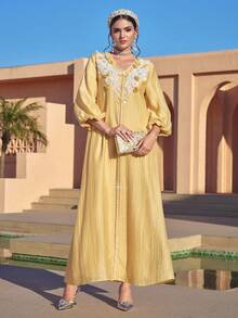 Al Najma 女士土耳其长款连衣裙和阿拉伯传统长袍 - 黃色 - 查看 6