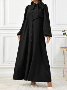 Al Najma Women Elegant Solid Color Lantern Sleeve Tie Collar Arabian Dress For Autumn, Modest Elegant A Line Arabian Dresses, For Casual Daily - Black - View 4