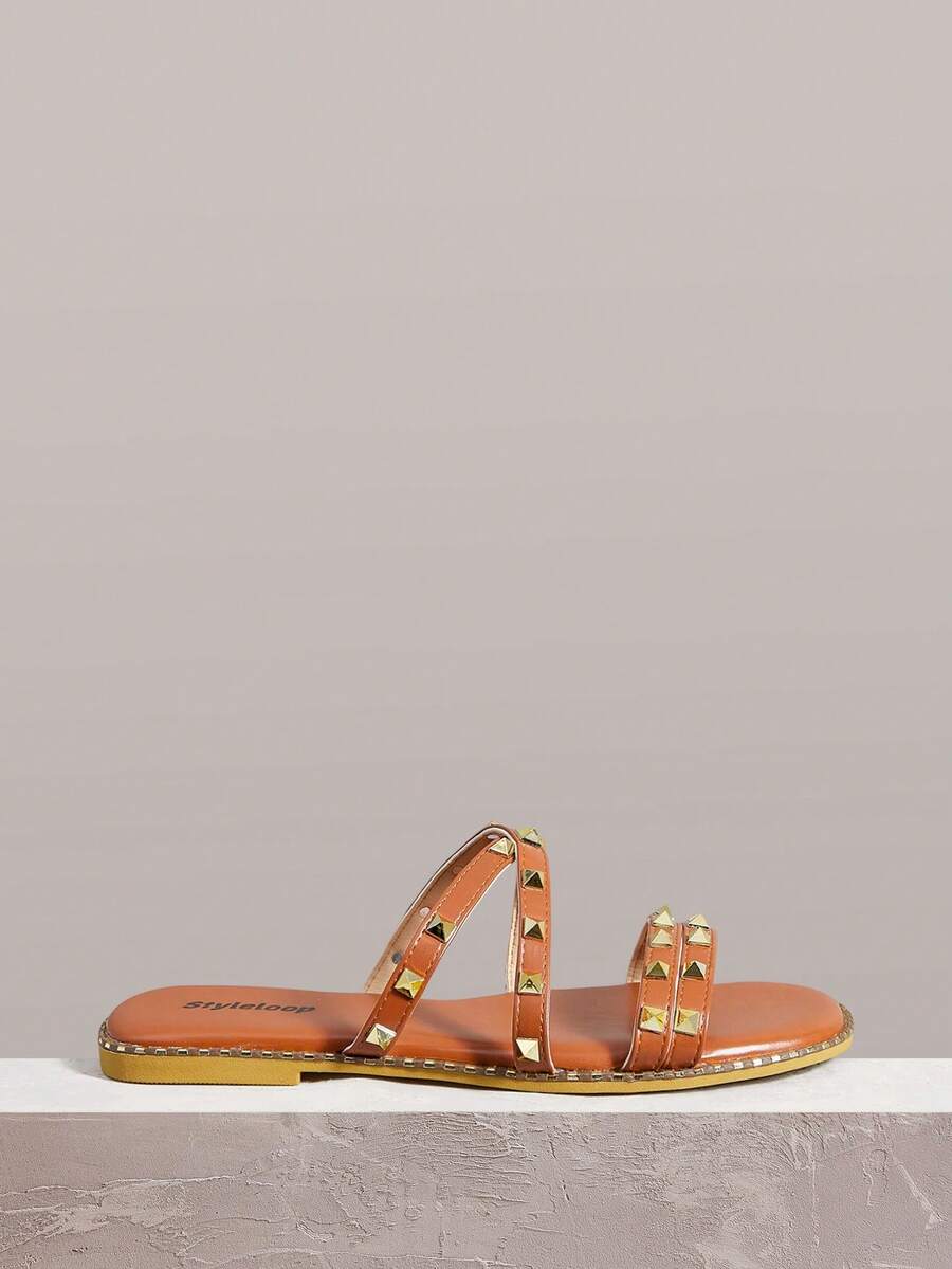 Styleloop Sandales à fond plat Nouvelle mode d'été Polyvalent Fond plat Saule Clou Chaussures pour femmes Série de vacances à la plage et de loisirs pour femmes - Tabac - Voir 1
