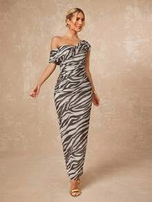 Lumalex White And Black Animal Print,Summer,Elegant Sexy,Party Date Night Night Women's Mesh One Shoulder Ruched Fitted Bodycon Dress For Beach Vacation - Coffee Brown - View 8