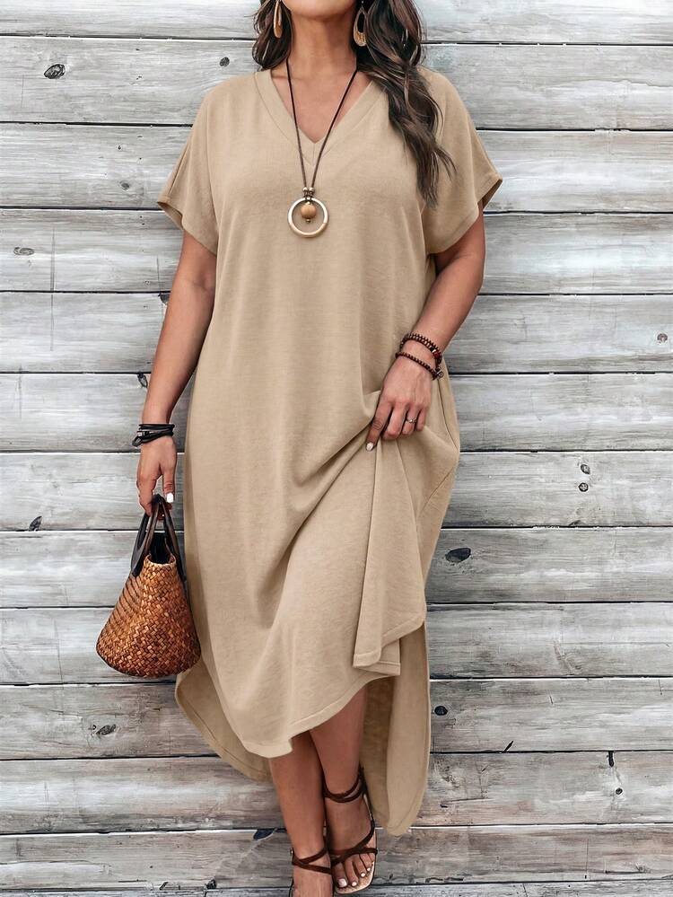 Plus Size Women Casual Solid Color Short Front Long Back Dress