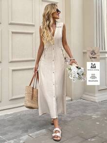 SHEIN LUNE Trang phục mùa hè cho phụ nữ vải lanh cổ áo sơ mi nút trang trí váy thanh lịch màu be dài đến bắp chân cho phụ nữ, phù hợp cho trang phục thường ngày mùa xuân/hè, đi làm và văn phòng trang phục boho cho phụ nữ công sở thường ngày cho phụ nữ phong cách quý tộc cổ điển trang phục đi nghỉ cho phụ nữ - Màu be - Xem 4